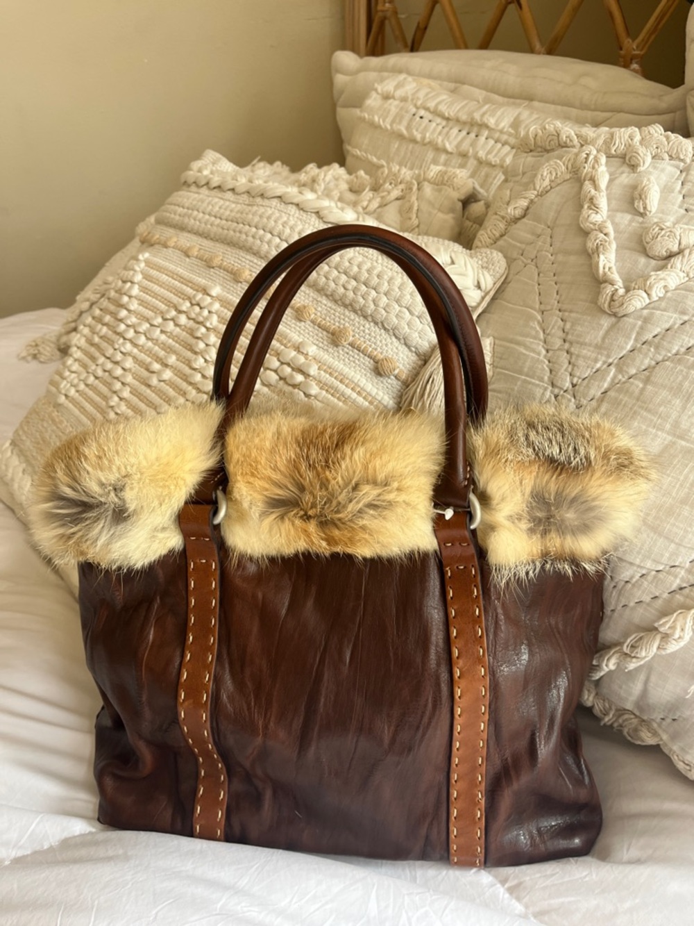 NWT Falor Handbag Genuine Leather Fox fur Greece Italy - Picture 8 of 11